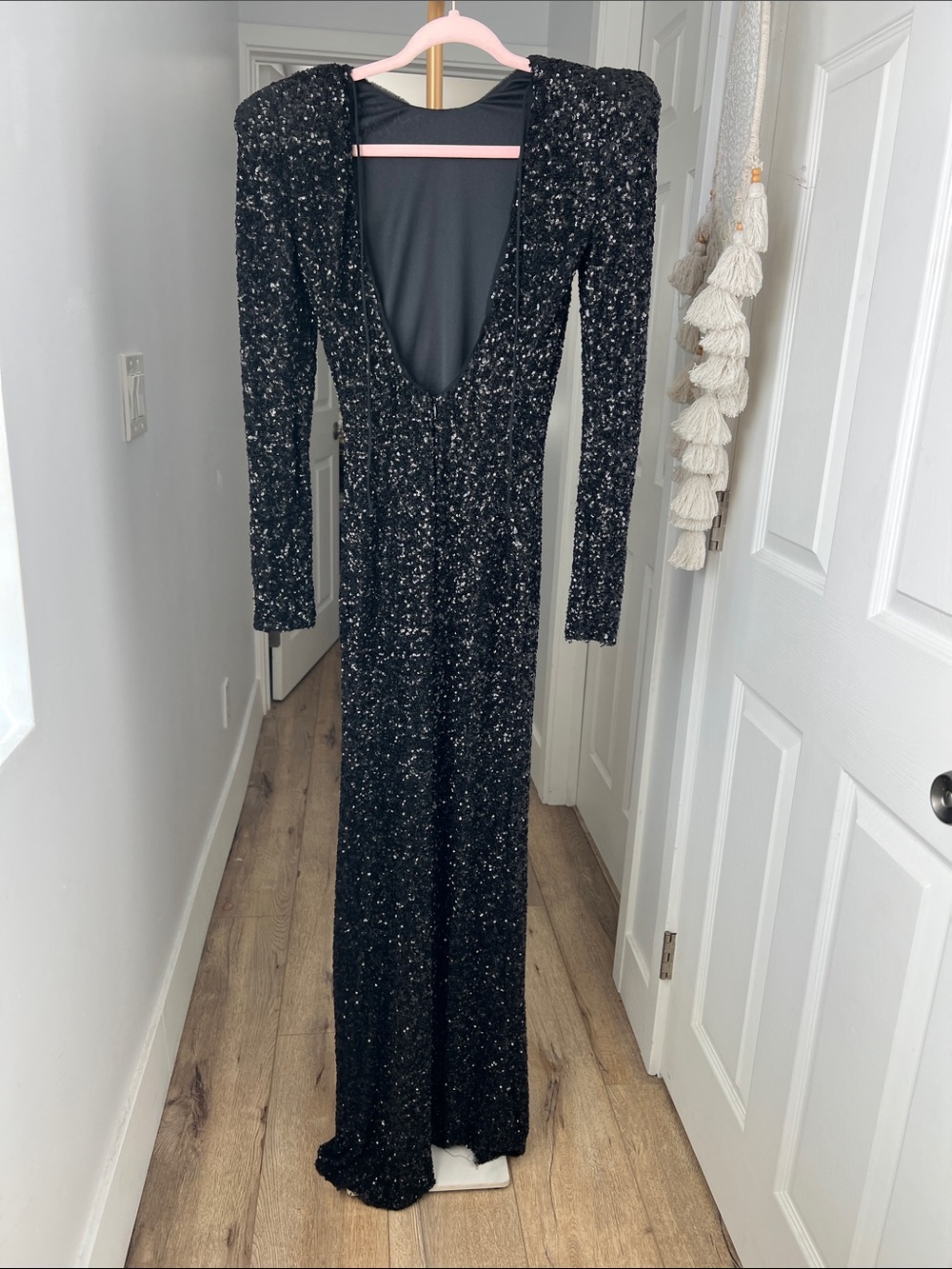 Zara Sequin Long Sleeve Elegant Shoulder Pad Black Long Dress Gown XS - Picture 7 of 11